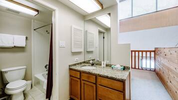 Un baño con inodoro, lavabo y ducha.