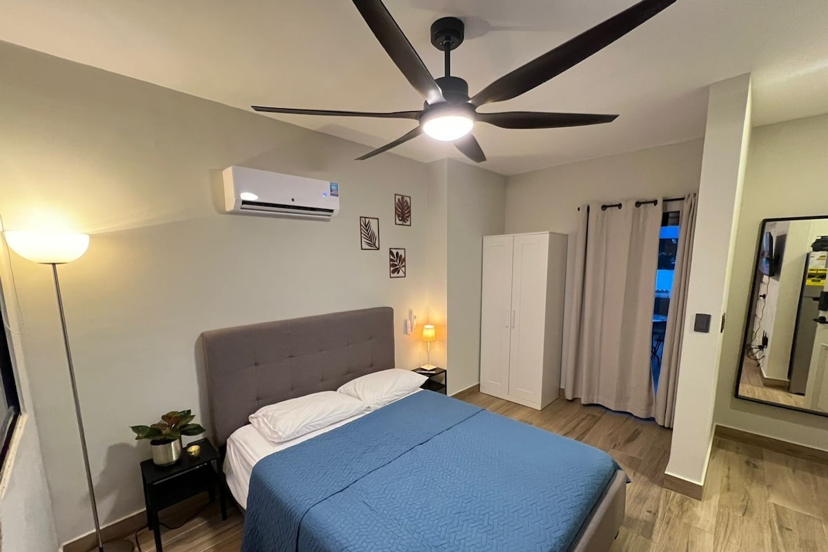 Ein Schlafzimmer mit Bett, Deckenventilator, Klimaanlage, Kleiderschrank und Nachttischlampe.