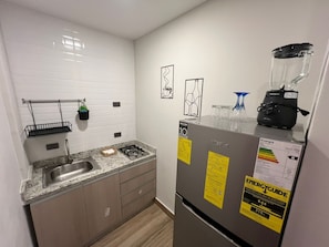 A compact kitchen with a built-in gas stove, a stainless steel sink, and a refrigerator with energy-saving stickers.