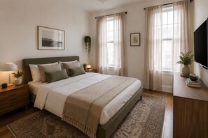 A bedroom with a bed, bedside tables, a lamp, a hanging plant, and a television on a stand. - Spacious Apartment Near Times Square (New York)