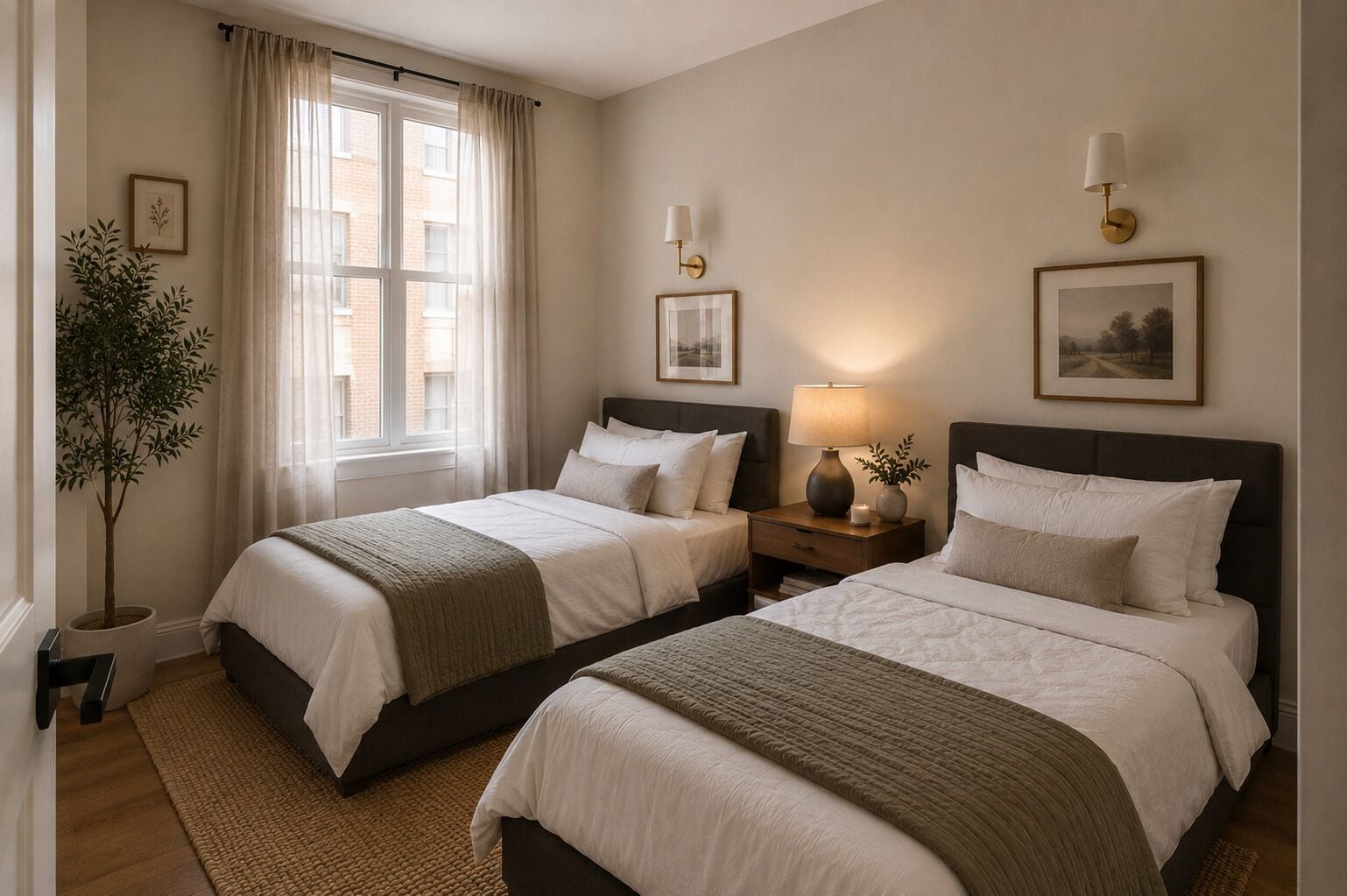 A hotel room with two beds, a nightstand with a lamp, a potted plant, and a window with curtains.