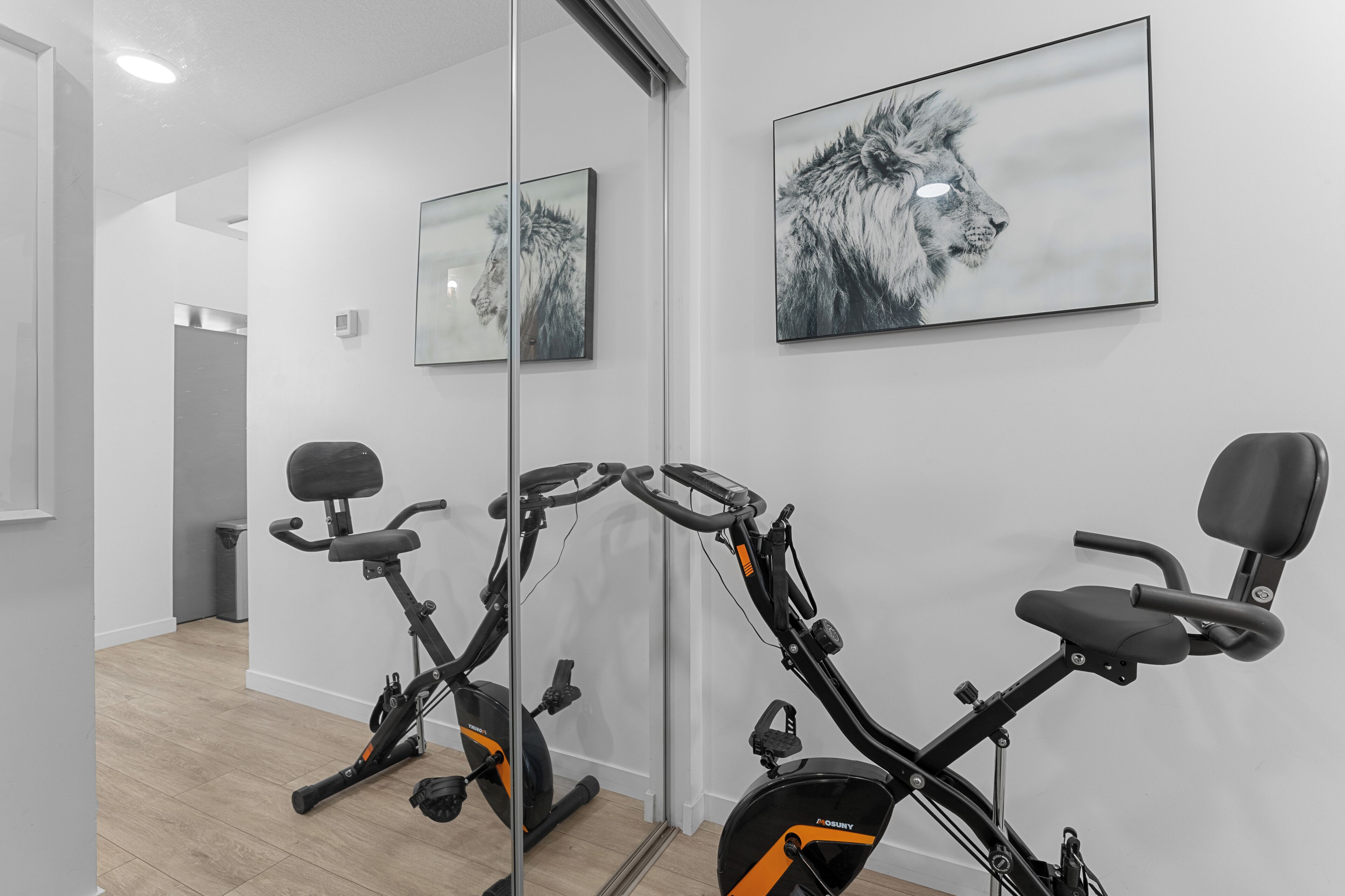 A gym with stationary bikes, a treadmill, and a mirror reflecting the room.