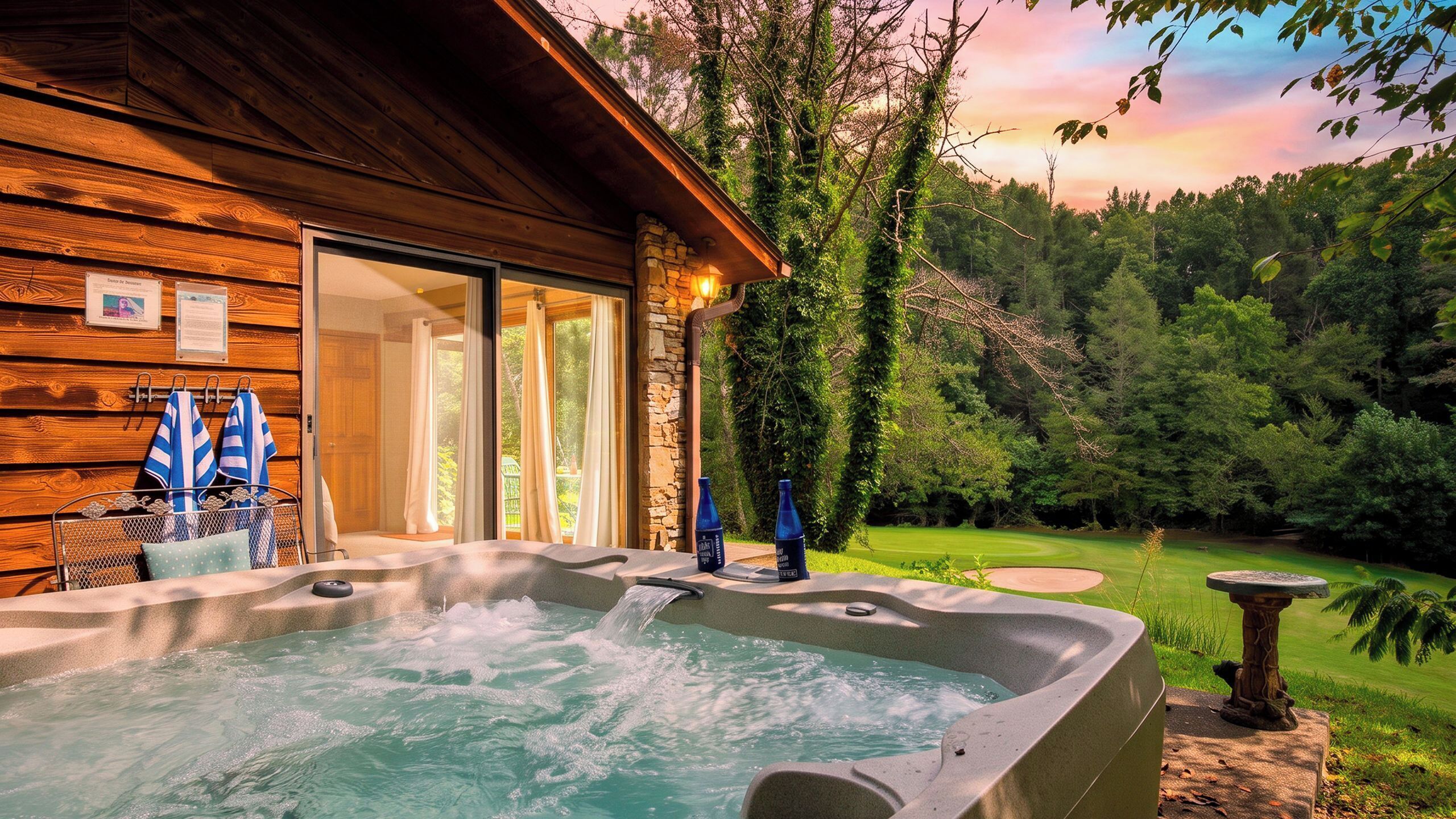 A wooden cabin with a hot tub and a view of a golf course.