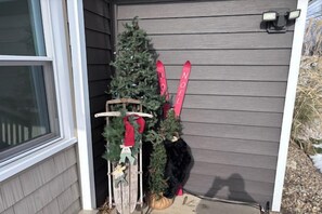 A small Christmas tree with decorations and a pair of skis leaning against a building. - Private Estate | Historic Home + Industrial Studio (Uniontown)
