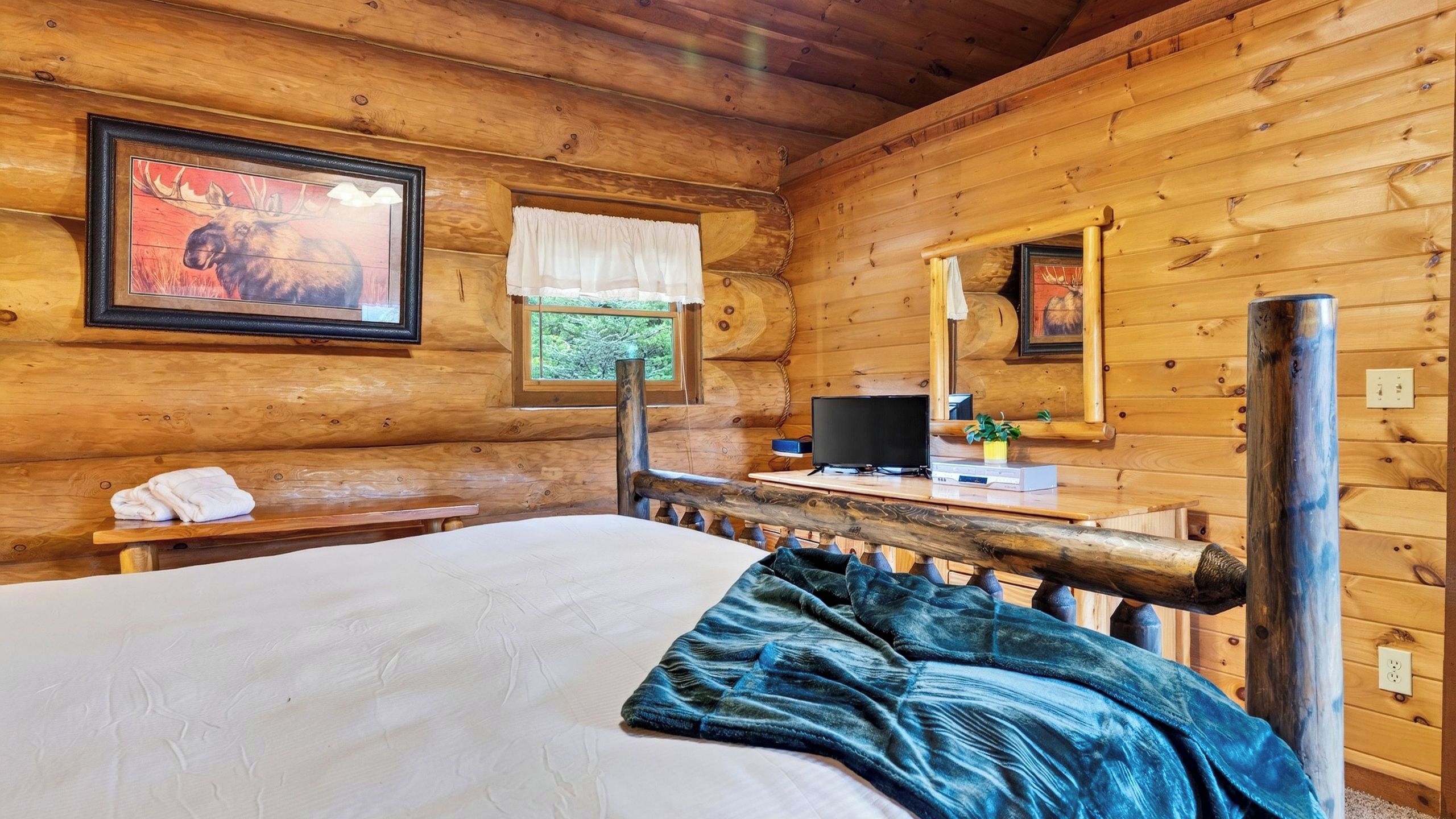 Een houten kamer met een bed, een televisie en een raam met uitzicht op bomen.