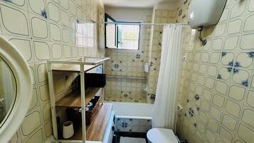 Hair dryer, bidet, towels, soap
