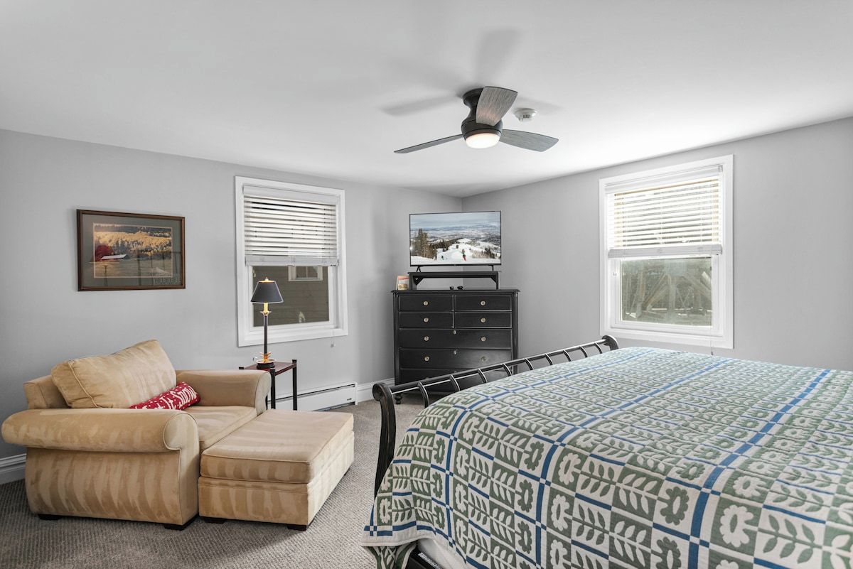 A bedroom with a bed, a chair, a dresser, a ceiling fan, and two windows with blinds.