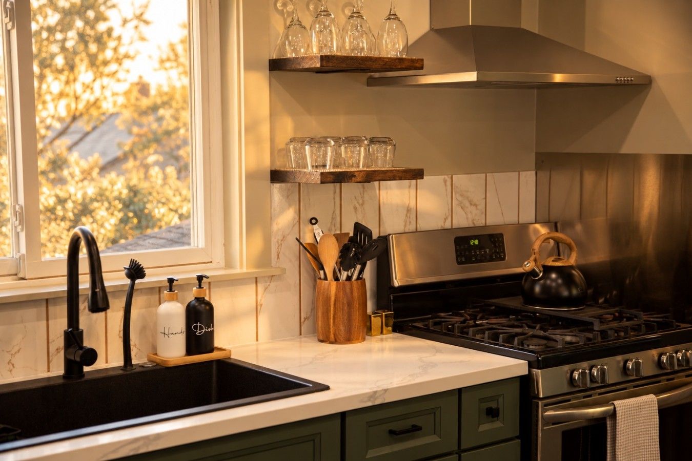 A kitchen with a stainless steel stove, a black faucet, and a window with a view of trees.