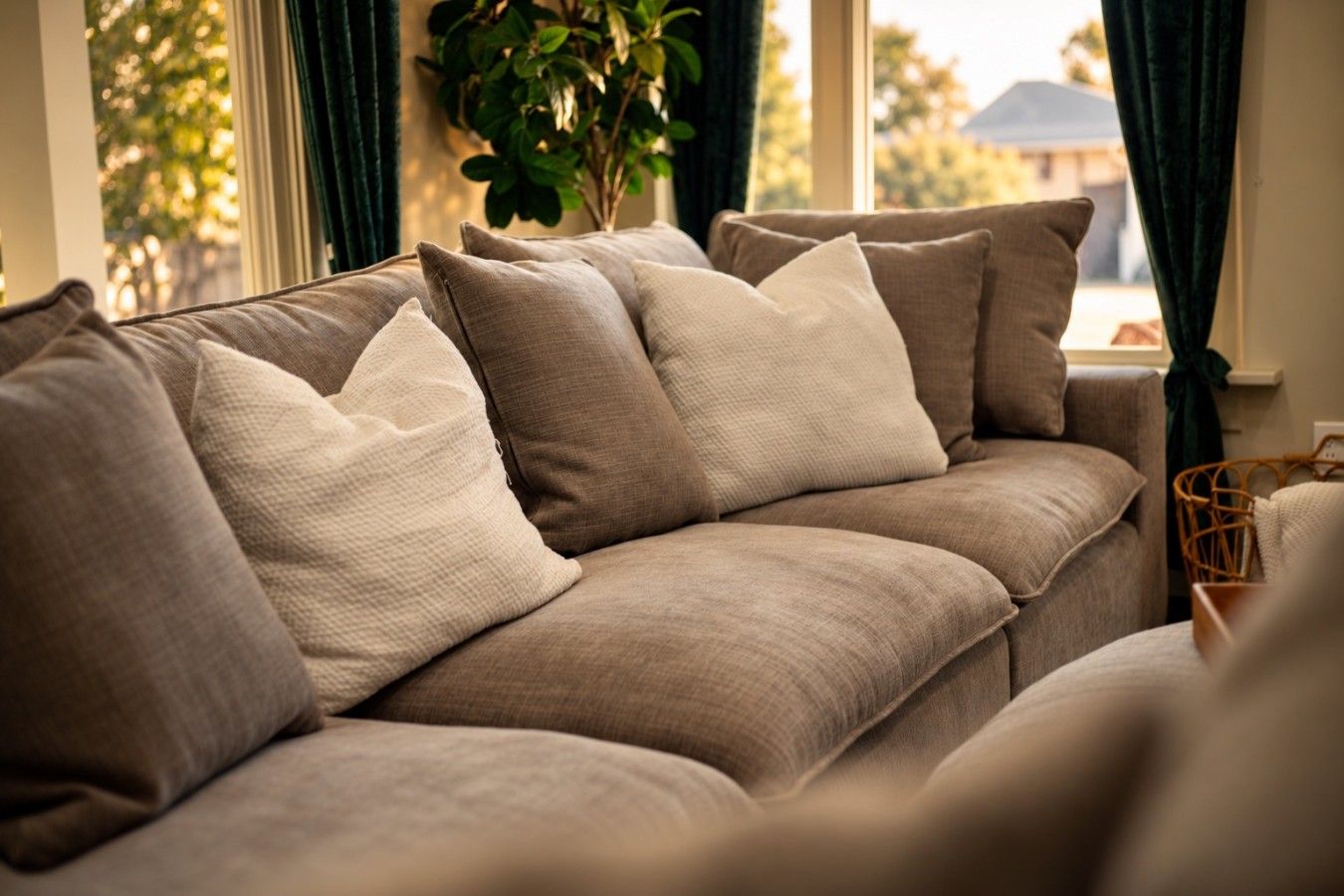 A beige sofa with multiple cushions, positioned near a window with curtains, and a plant in the background.