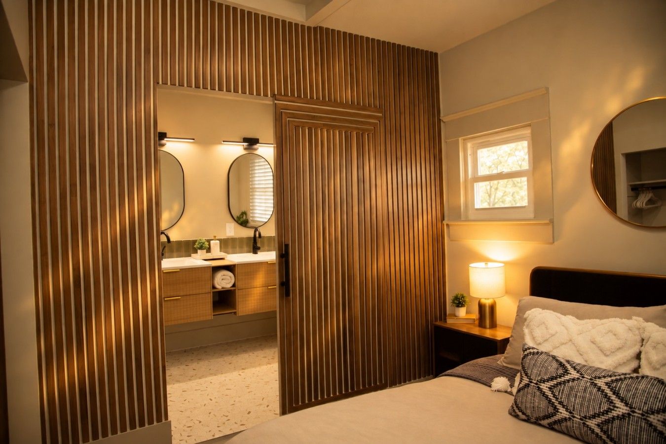A hotel room with a bed, bedside table, lamp, and a mirror.