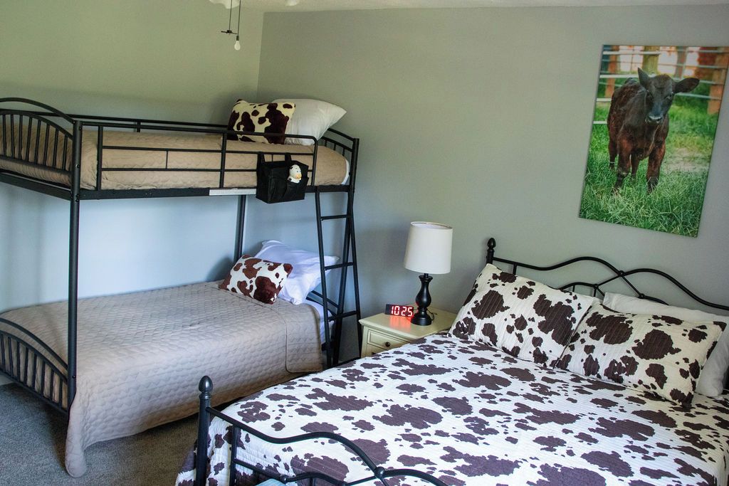 Une chambre avec un lit superposé, une horloge, une lampe et une image de vache accrochée au mur.