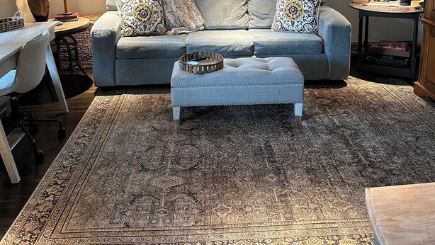 A living room with a sofa, ottoman, and a patterned rug. - The Fox Den in delightful Columbia (Columbia)