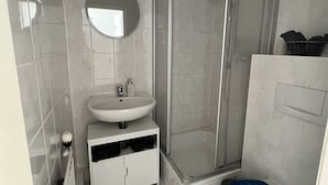 A bathroom with a white sink, a mirror, a shower enclosure, and a toilet.