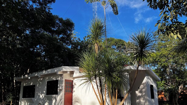 A small white building with a red door, surrounded by trees and a clear blue sky. - House with a spacious yard surrounded by jungle and trees, ideal for families (Xpujil)