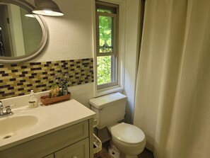 A bathroom with a white sink, a mirror, a window with a view of greenery, a toilet, and a shower curtain. - Peaceful and cozy 1-bedroom historic creek-side cabin in Glenville with AC (Glenville)