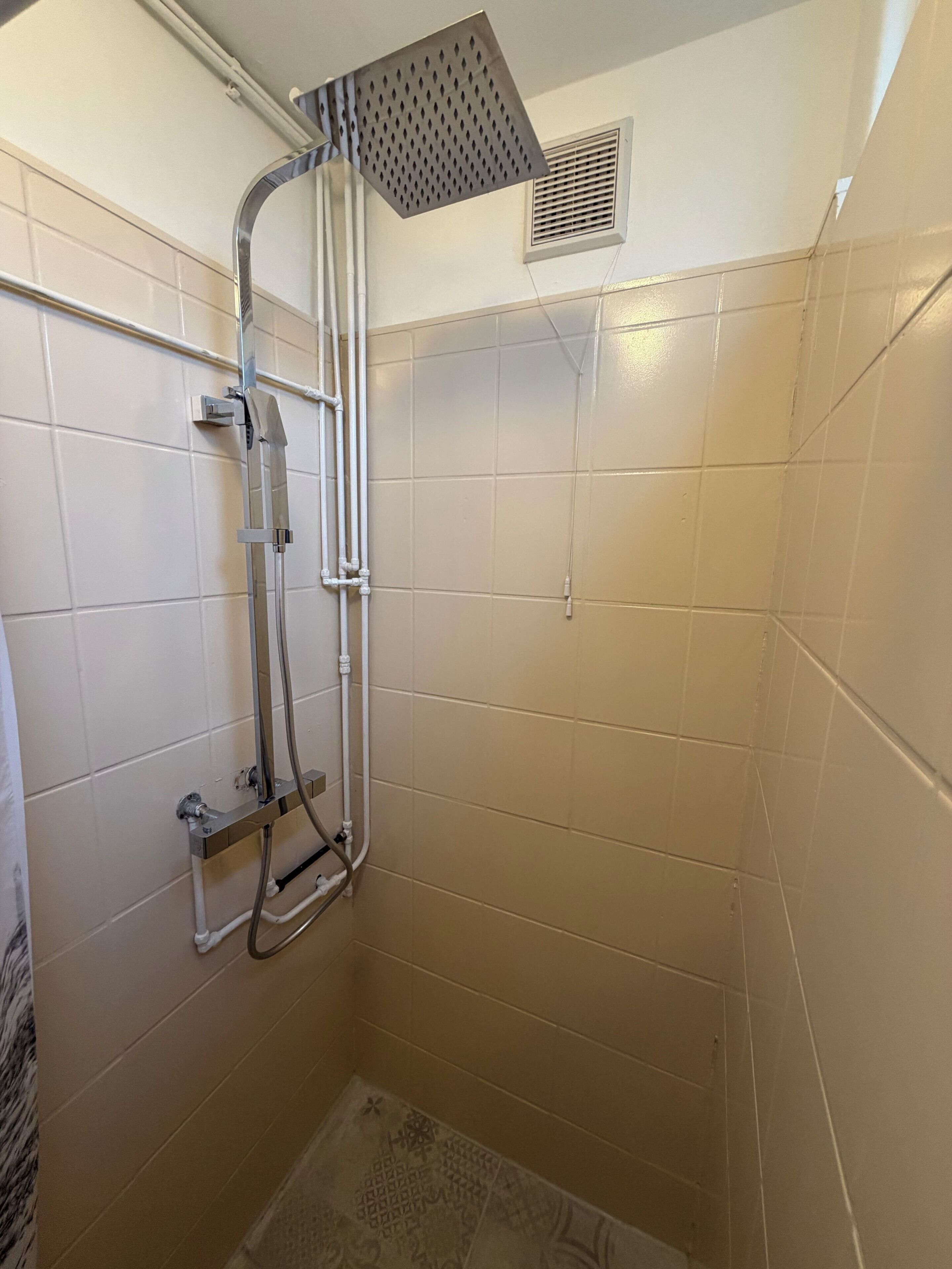 A shower area with tiled walls, a showerhead, and a handrail.