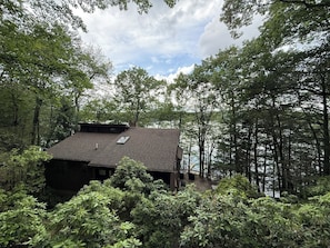 A cabin surrounded by dense forest, with a clear view of the sky above. - Briar Hill North Lakefront Contemporary with Private Dock (Lakeville)