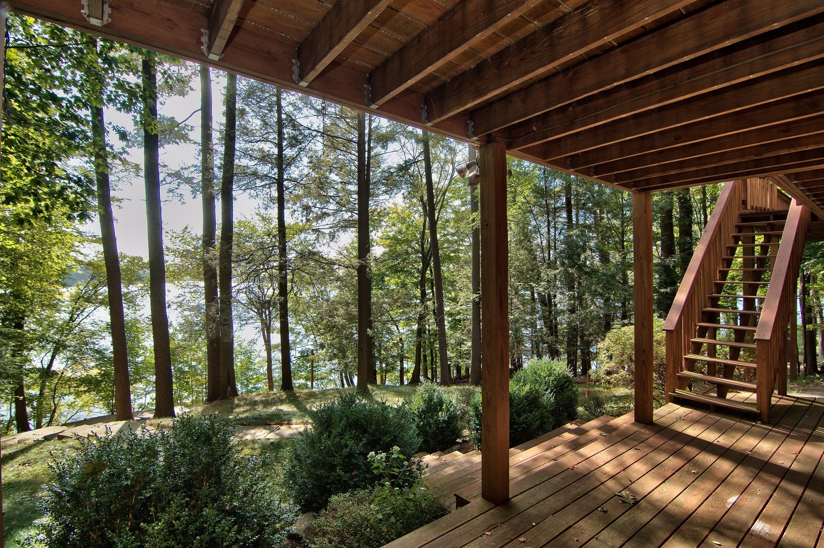 Una terraza de madera con una escalera que lleva a una zona cubierta, rodeada de un bosque denso.