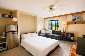 Una camera d'albergo con un letto, un divano, una televisione, un frigorifero e una ventola a soffitto.