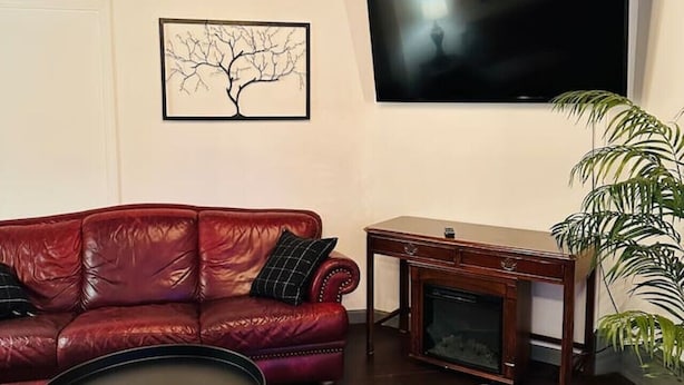 Una sala de estar con un sofá de cuero rojo, un televisor de pantalla plana, una mesa de centro, una alfombra estampada y una planta en maceta.