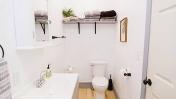 Ein schmales Badezimmer mit einem weißen Waschbecken, einer Toilette und einem kleinen Regal darüber.