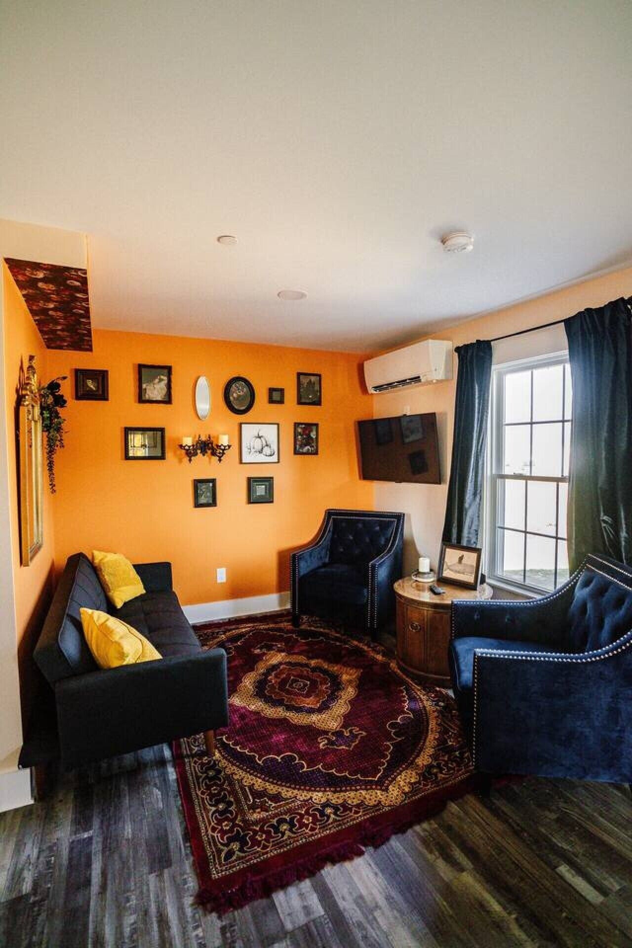 A living room with a sofa, armchair, and a patterned rug.