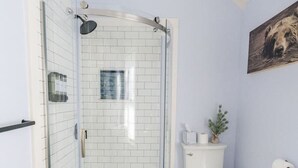 Un baño con ducha de vidrio, inodoro y una pequeña planta en la pared.