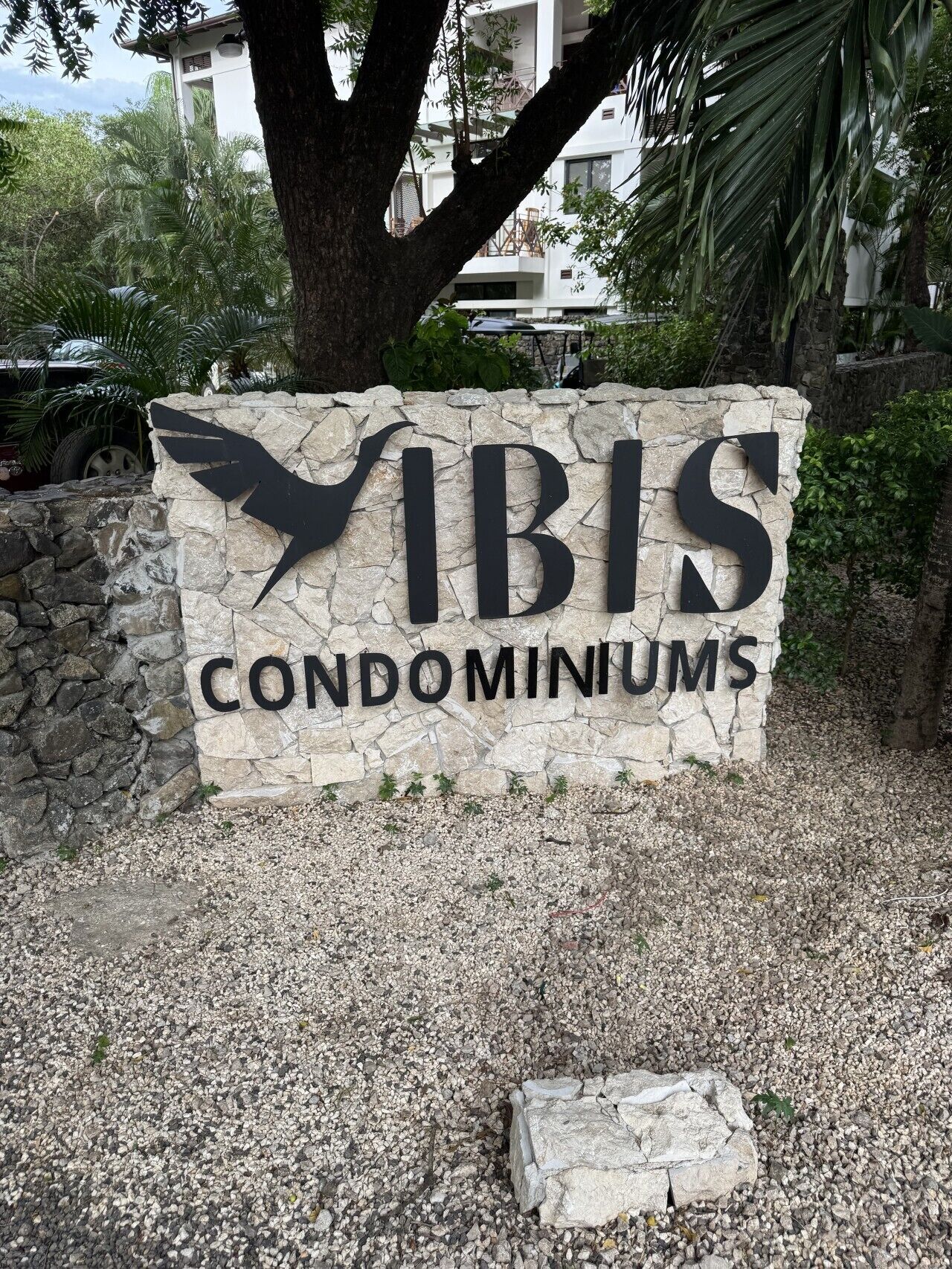 Une enseigne indiquant « VIBIS CONDOMINIUMS », avec un mur de pierres en arrière-plan et un palmier.