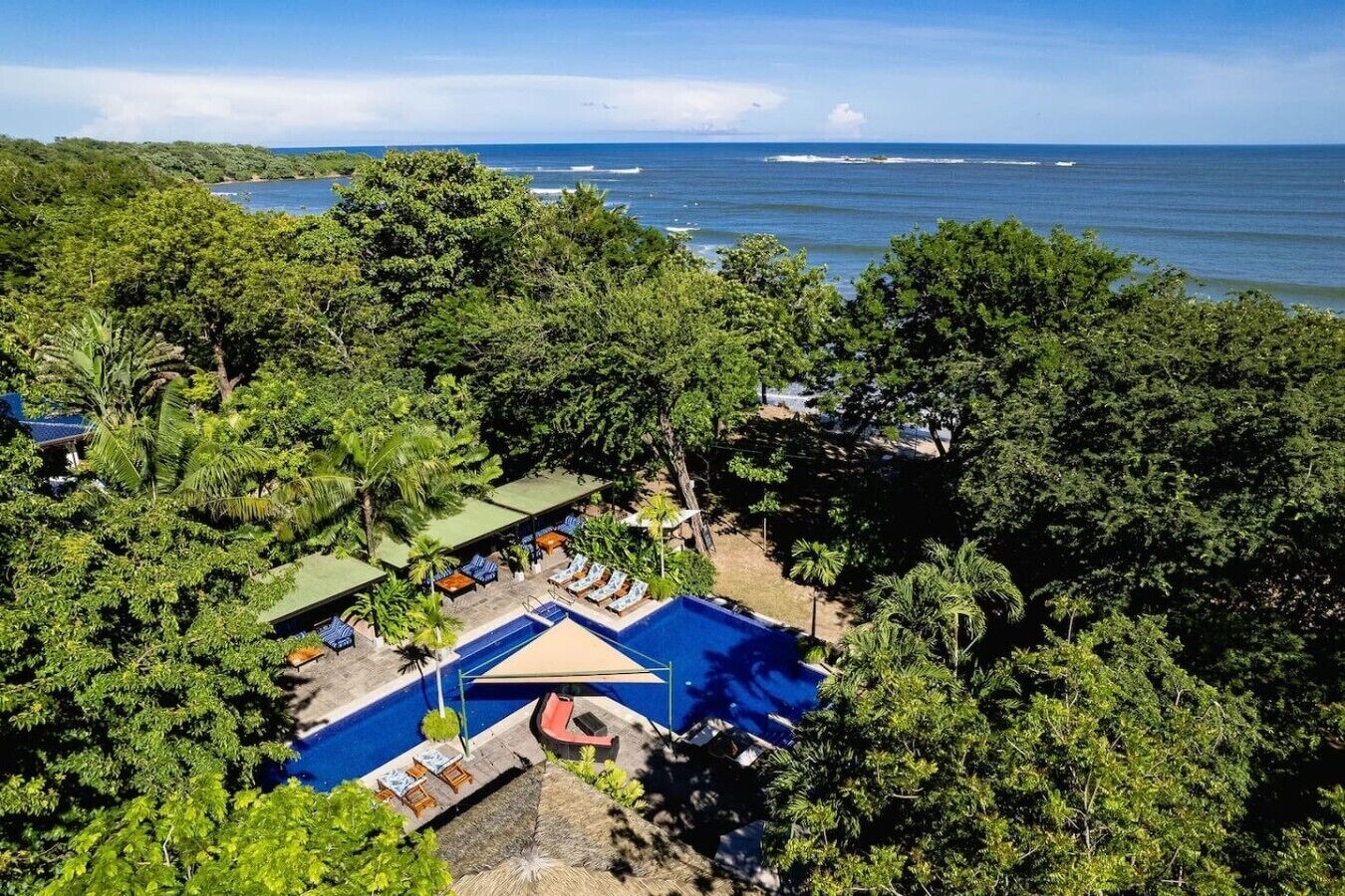A resort with a pool surrounded by lush greenery and a view of the ocean.