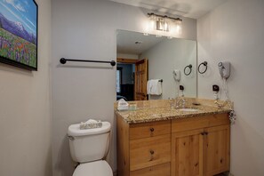 Ein Badezimmer mit Toilette, einem Waschbecken mit Granitablage, Holzschränken, einem großen Spiegel und einer Deckenleuchte.