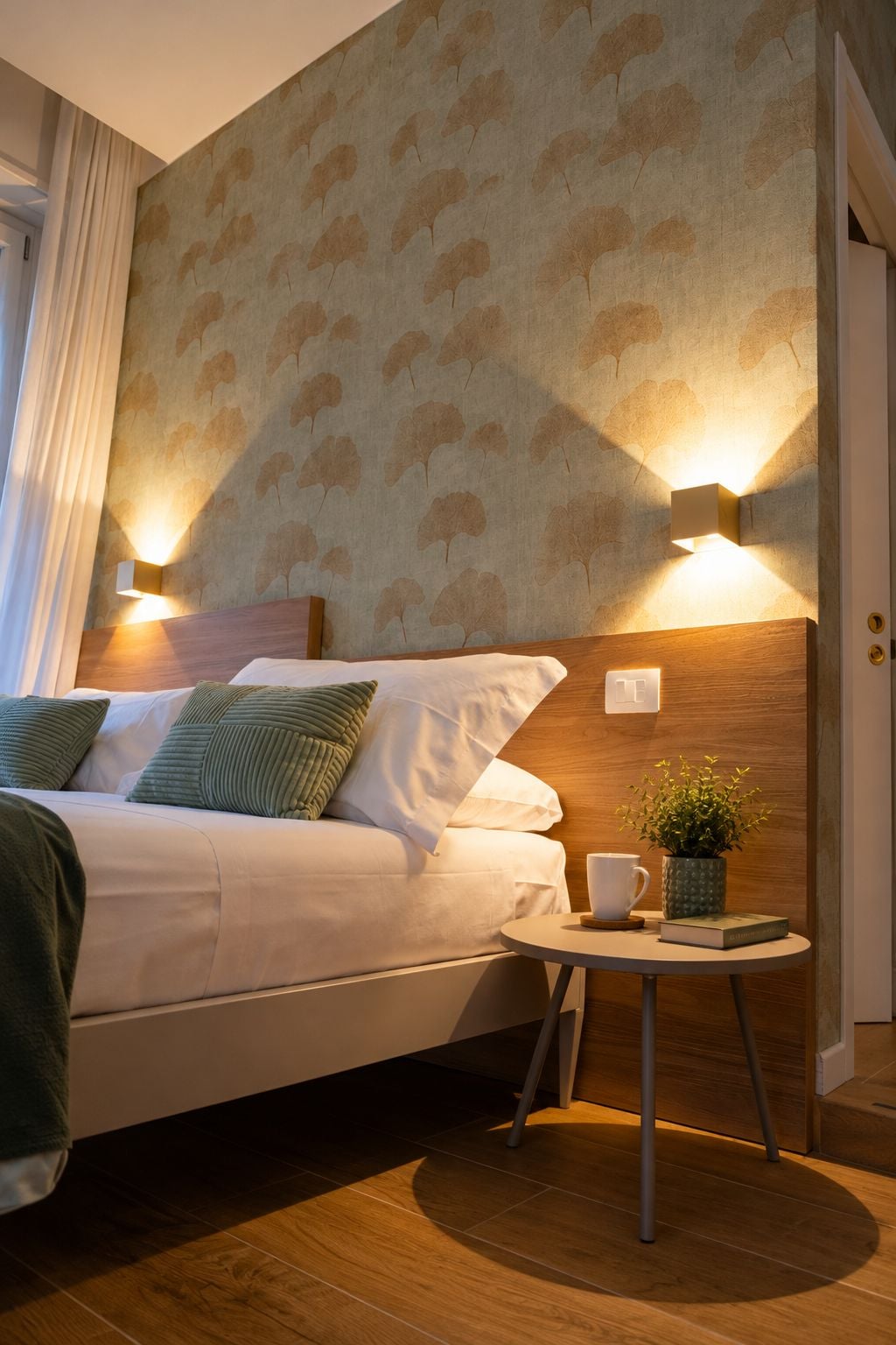 Hotellihuone, jossa on sänky, yöpöytä ja seinään kiinnitetty valaisin.