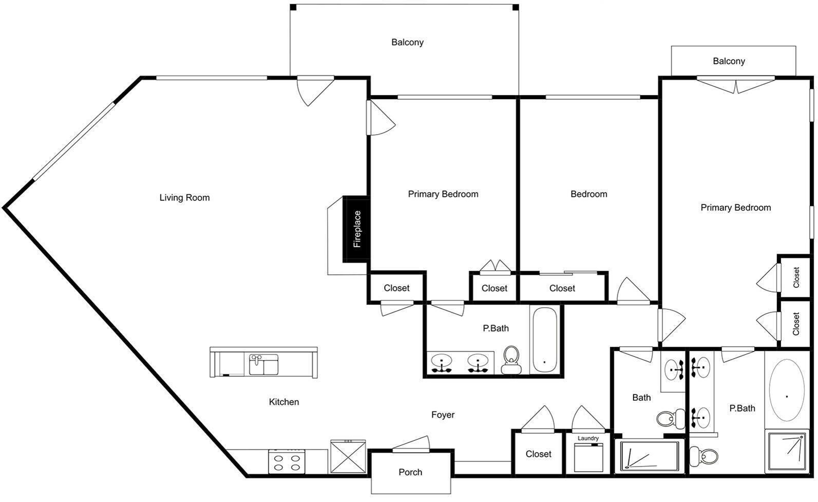 A floor plan with a living room, kitchen, two primary bedrooms, two bathrooms, and a balcony.