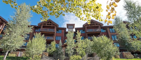 Un edifici d'edificis amb balcons, una escala central i vegetació al voltant.