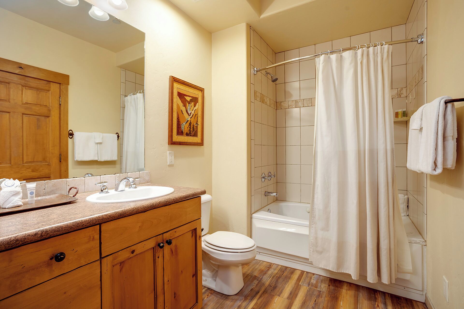 Un bagno con un mobile vanitario in legno, due lavandini, un water e una doccia con tenda, più un quadro appeso al muro.