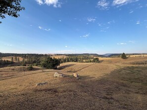 A rural landscape with rolling hills, sparse trees, and a clear sky.