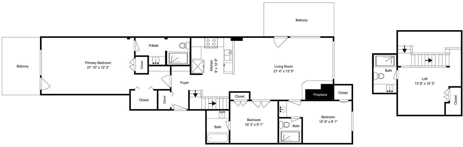 A floor plan of a house with a balcony, primary bedroom, living room, foyer, and two bedrooms.
