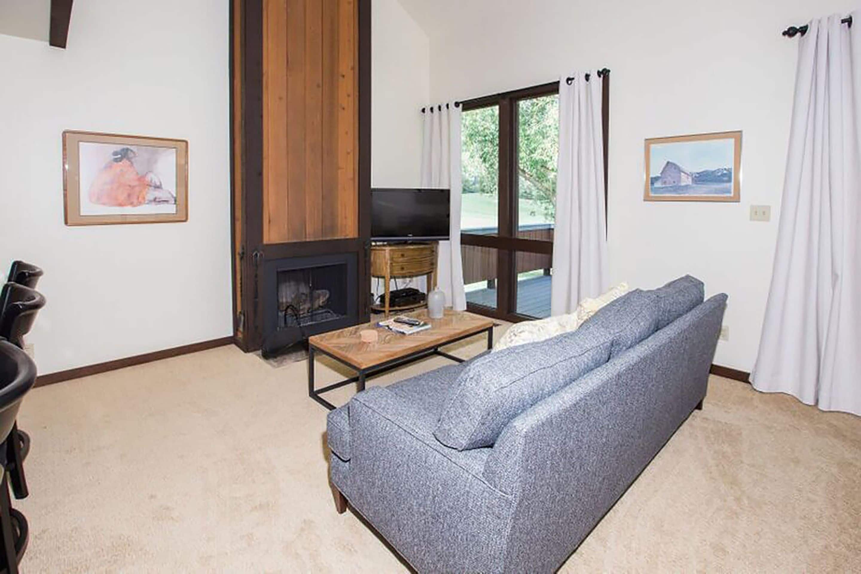 Ein Wohnzimmer mit einer Couch, einem Fernseher, einem Kamin und Blick durch eine Glastür.