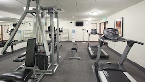Une salle de sport équipée de tapis de course, d’appareils de musculation et de bancs.