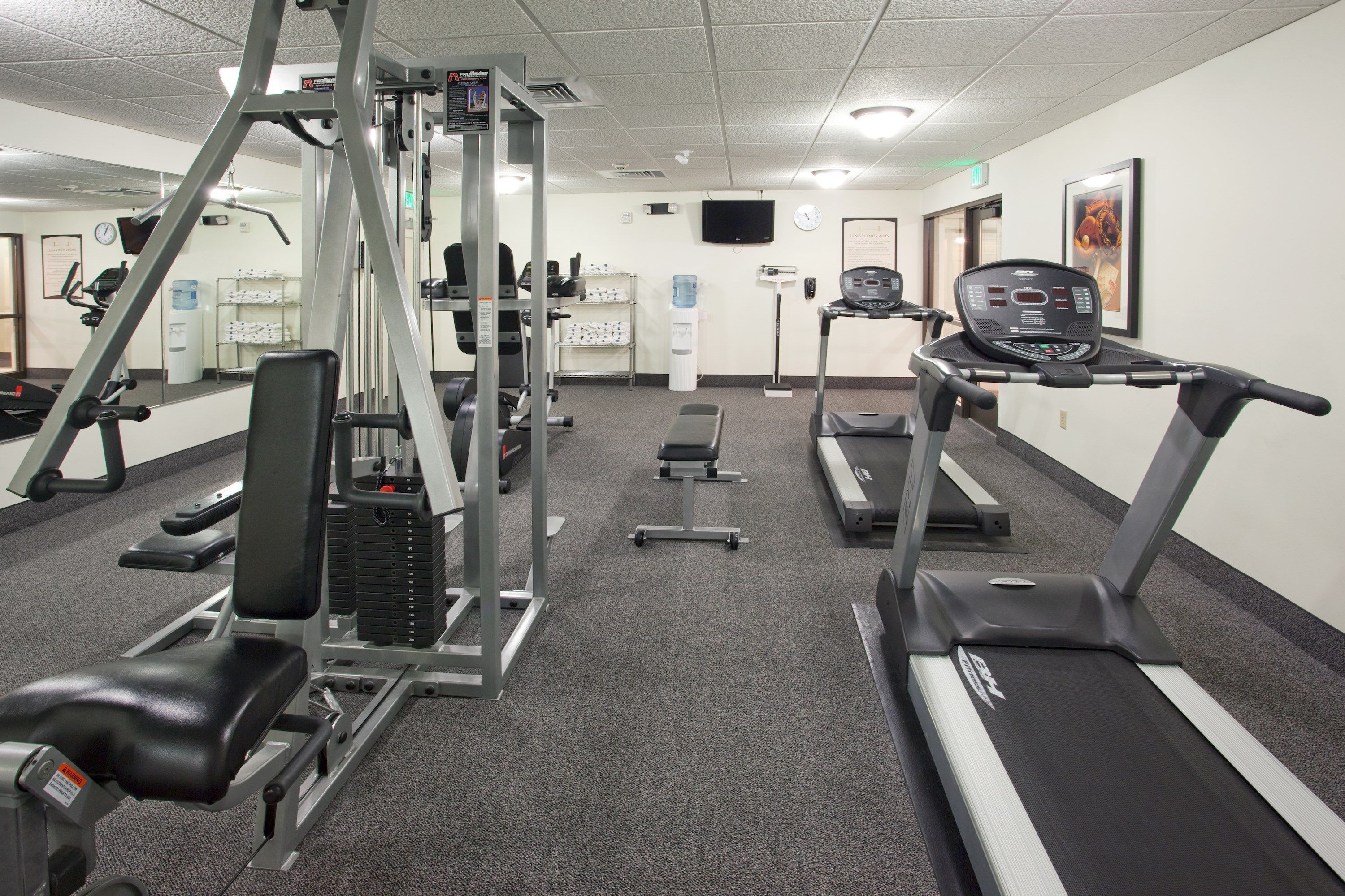 Une salle de sport équipée de tapis de course, d’appareils de musculation et de bancs.