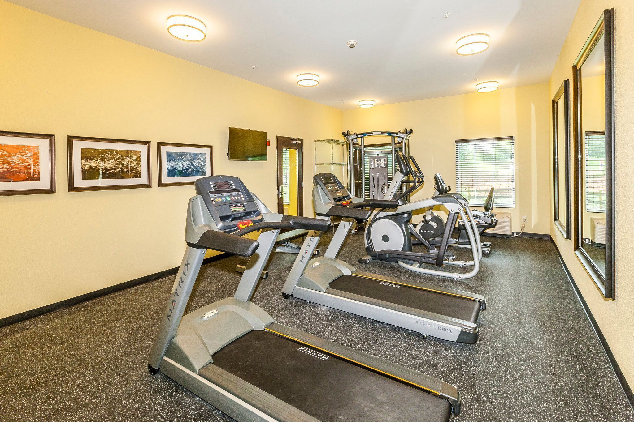 A gym with treadmills, a weight machine, and exercise mats.