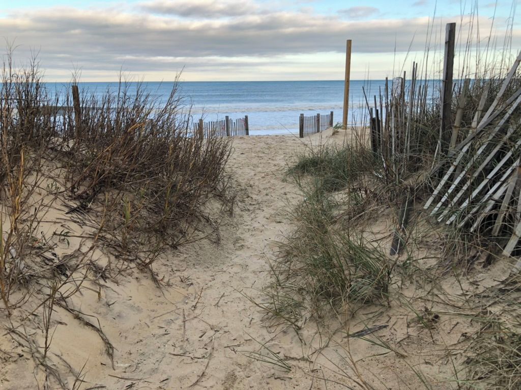 A sandy beach path leading to the sea with a wooden fence on the right.
