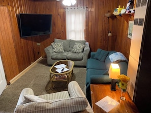 Ein gemütliches Wohnzimmer mit einem wandmontierten Flachbildfernseher, einem grauen Sofa mit gemusterten Kissen, einem gestreiften Sessel, einem Korbtisch mit Unterlagen und einem kleinen Tisch mit Lampe und Blumen.