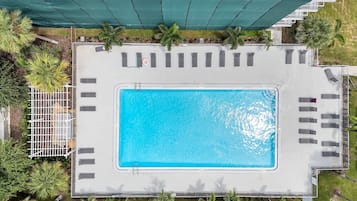 Vista aérea de una piscina con sillas de descanso cercanas y una zona cubierta, rodeada de vegetación.