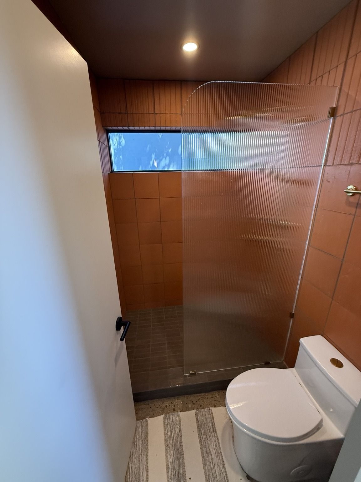 A bathroom with a shower enclosure, a toilet, and a window.