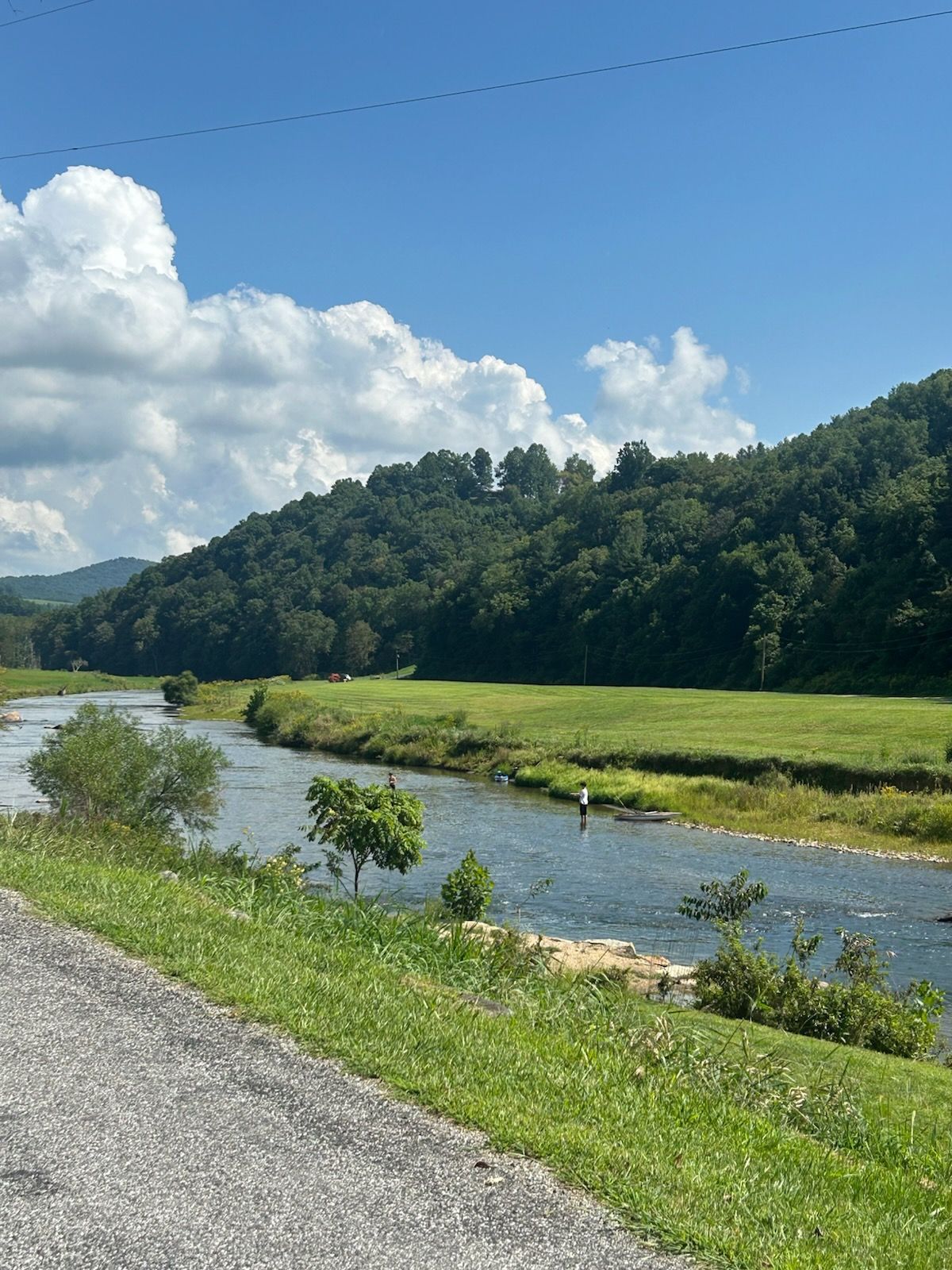 A river flowing through a green landscape with a road on the side.