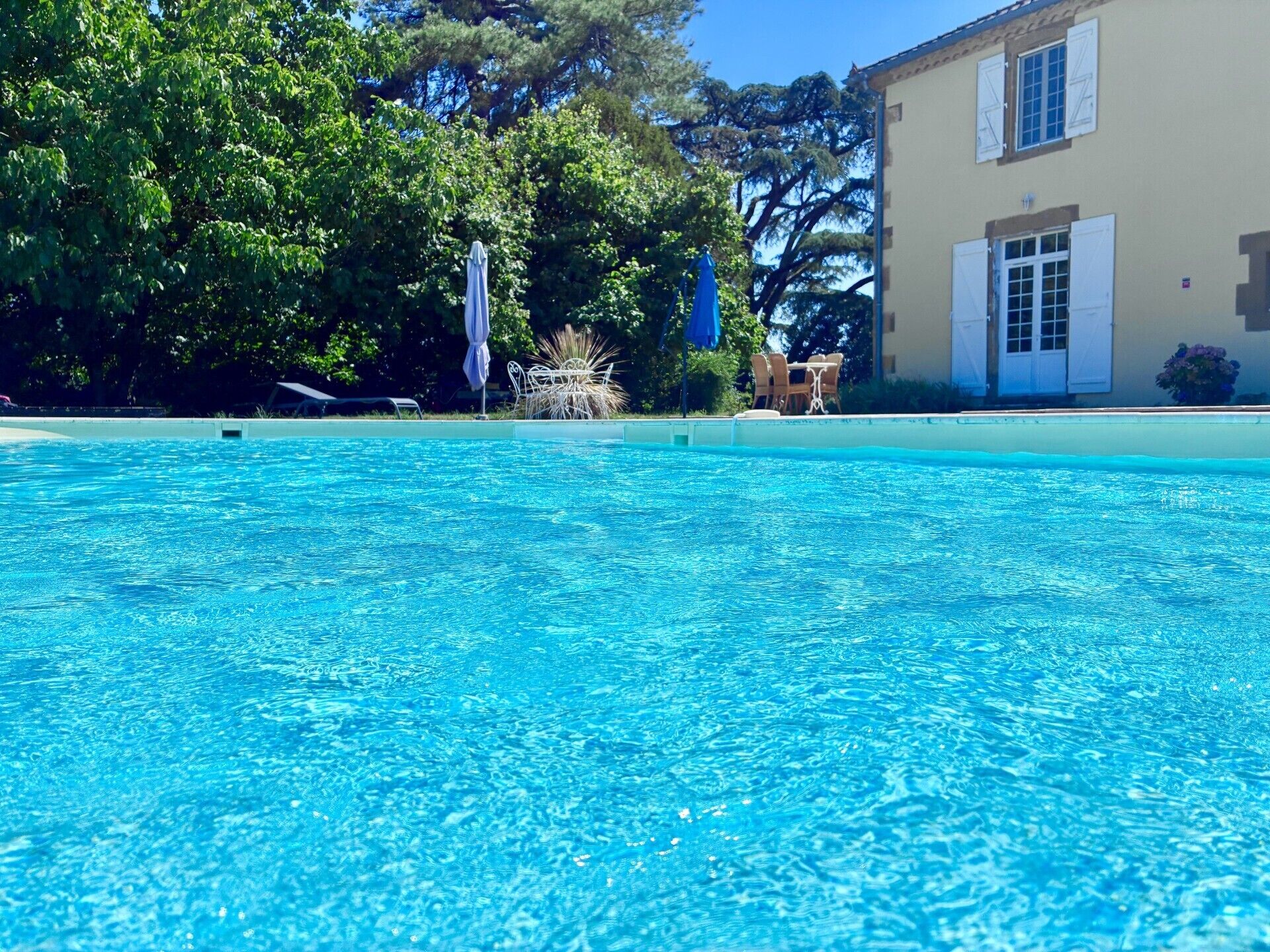 Une piscine d’un bleu éclatant, dotée d’un parasol et de chaises longues, entourée d’arbres et bordée d’un bâtiment à la façade beige.