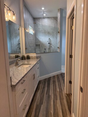 A bathroom with a glass shower enclosure, a sink with a granite countertop, and a large mirror. - Furnished 3 bedroom, easy I-4 Access (Plant City)