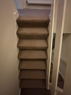 Un escalier recouvert de moquette, situé dans un couloir avec une porte blanche sur la droite et un radiateur au-dessus.