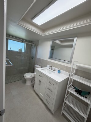 Een moderne badkamer met toilet, douche en wastafel.