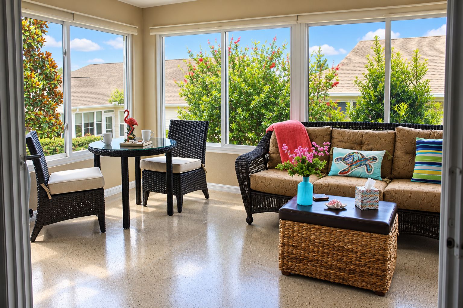 A sunroom with a glass door, a round table, two wicker chairs, a sofa with cushions, and a small table with a vase and a tissue box.